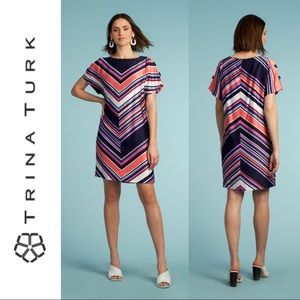 $288~TRINA TURK~Golden Glades Chevron Stripe A-Line Cold Shoulder Shift Dress~S